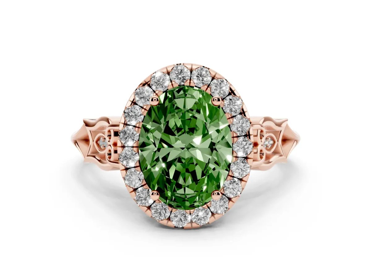 Fancy Green Oval Cut Halo Diamond Engagement Ring with Filigree Band and Four-Prong Setting Rose gold