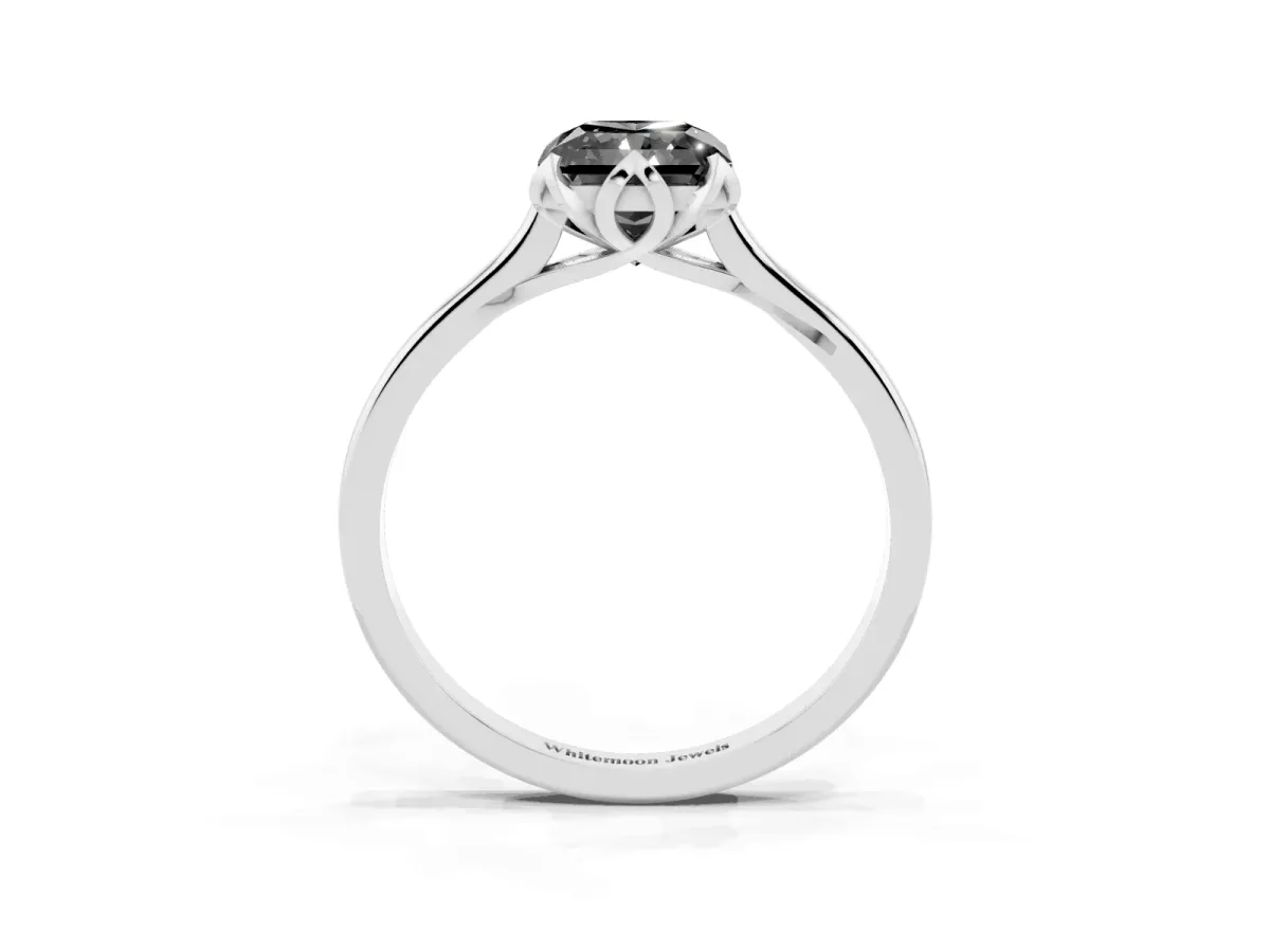 Fancy Black Radiant Cut Diamond Solitaire Ring with Flower Prong Setting and Classic Band Silver
