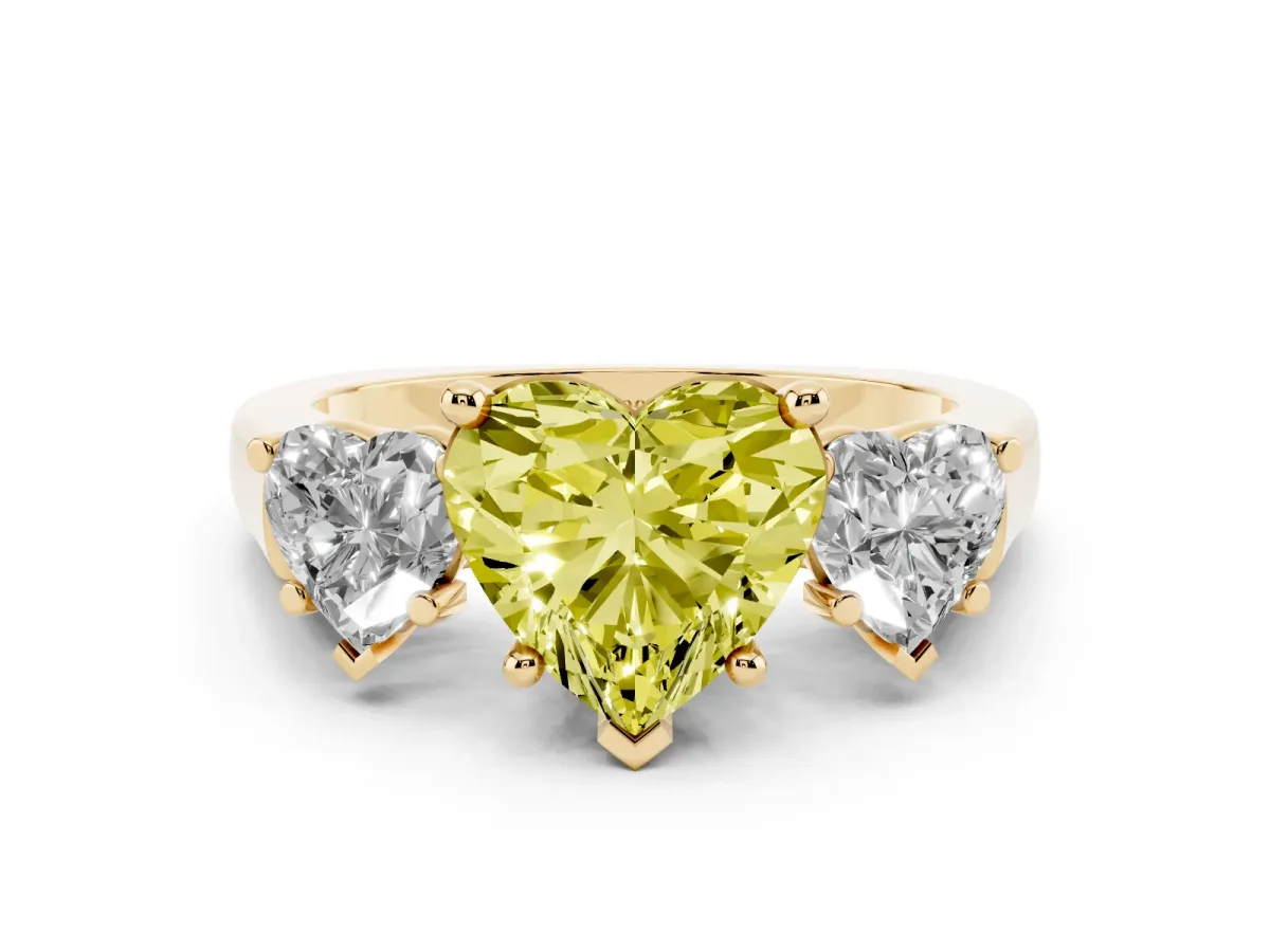 Fancy Yellow Three-Stone Heart Cut Brilliant Diamond Trellis Ring with Comfort Fit Band Yellow gold