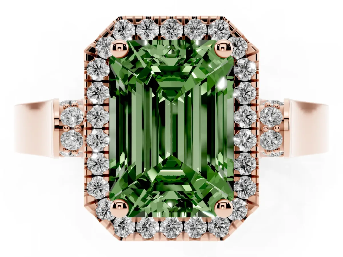 Fancy Green Emerald Cut Halo Pave Split Shank Prong Setting Ring Rose gold