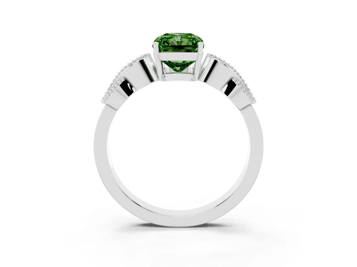 Fancy Green Radiant Cut Solitaire Milgrain Leaf Band with Prong Setting Silver