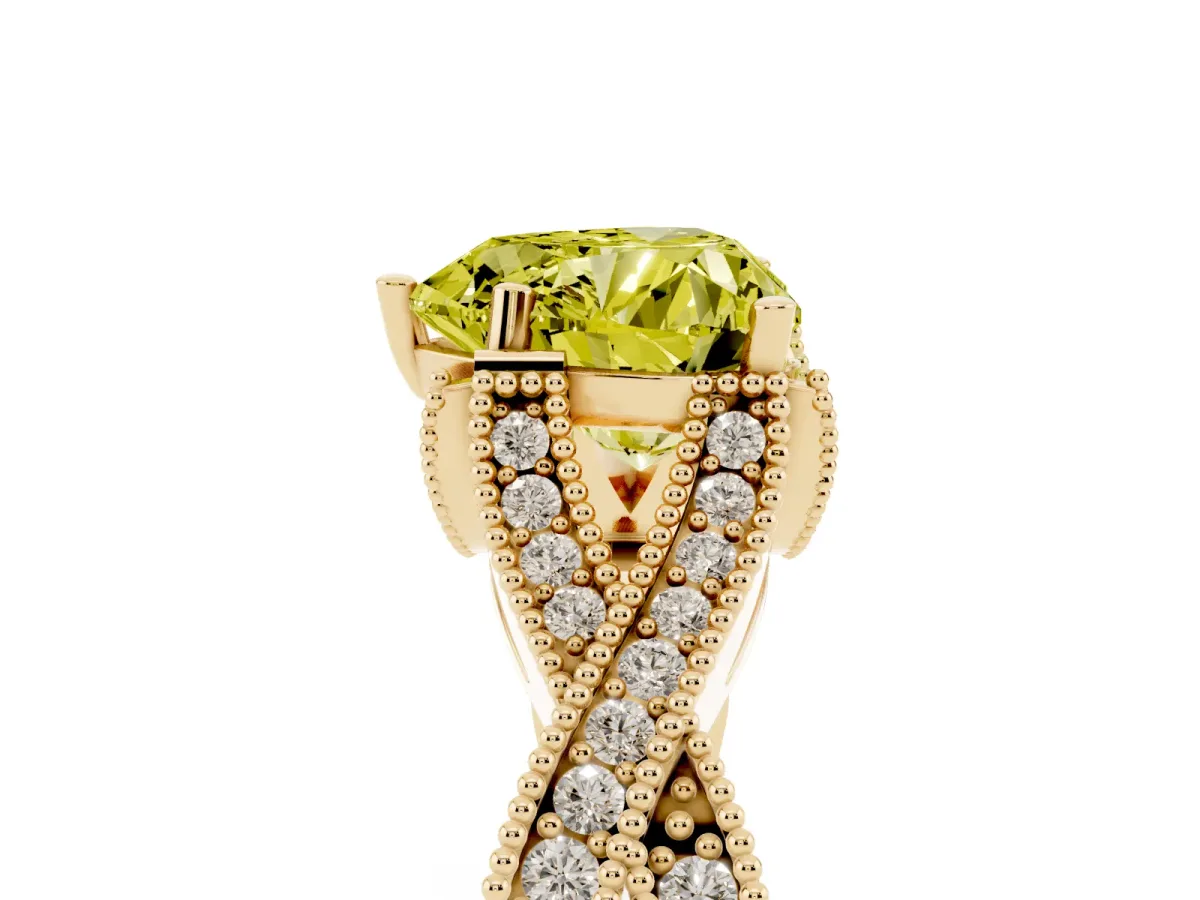 Fancy Yellow Heart Cut Cut Diamond Twisted Band with Milgrain Pave Setting and Four-Prong Setting Yellow gold