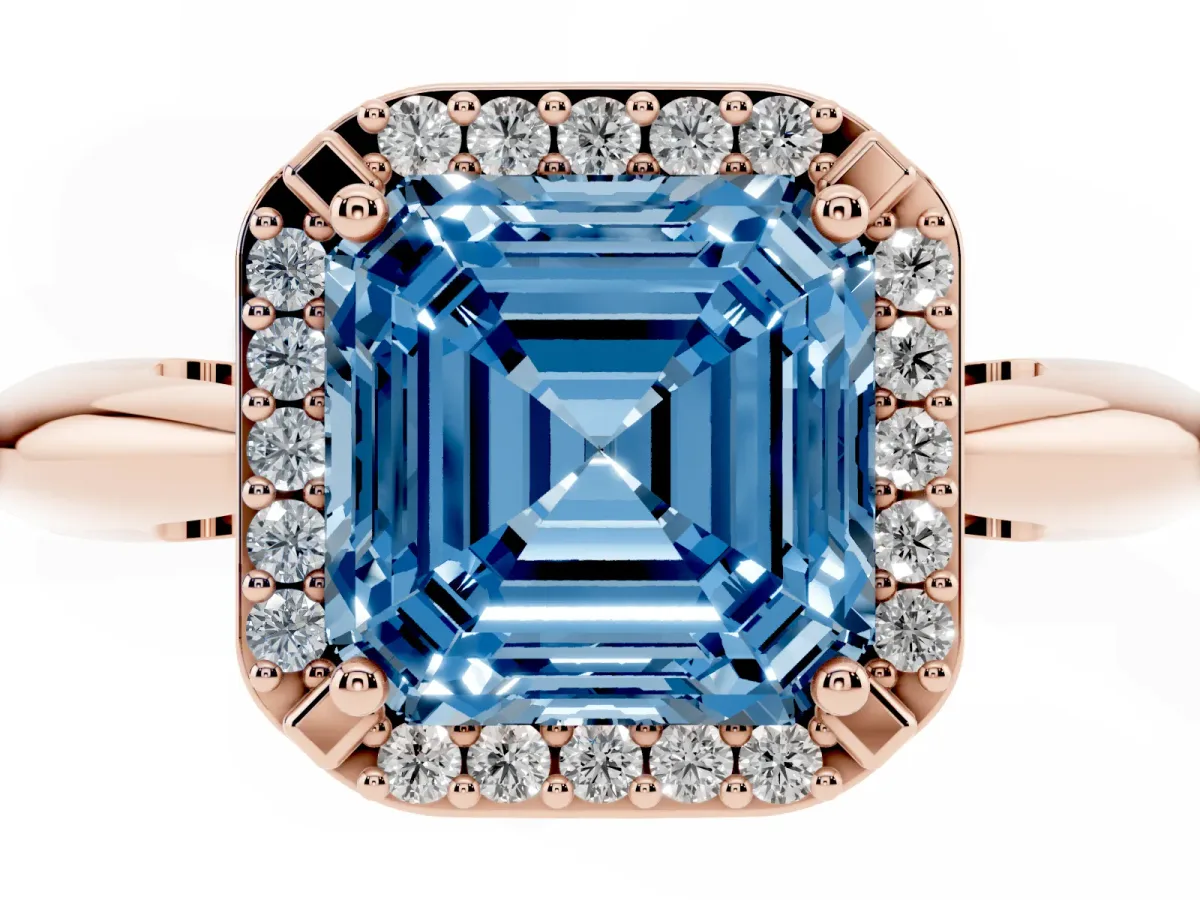 Fancy Blue Asscher Cut Cut Diamond Halo Engagement Ring with Split Shank and Four-Prong Setting Rose gold