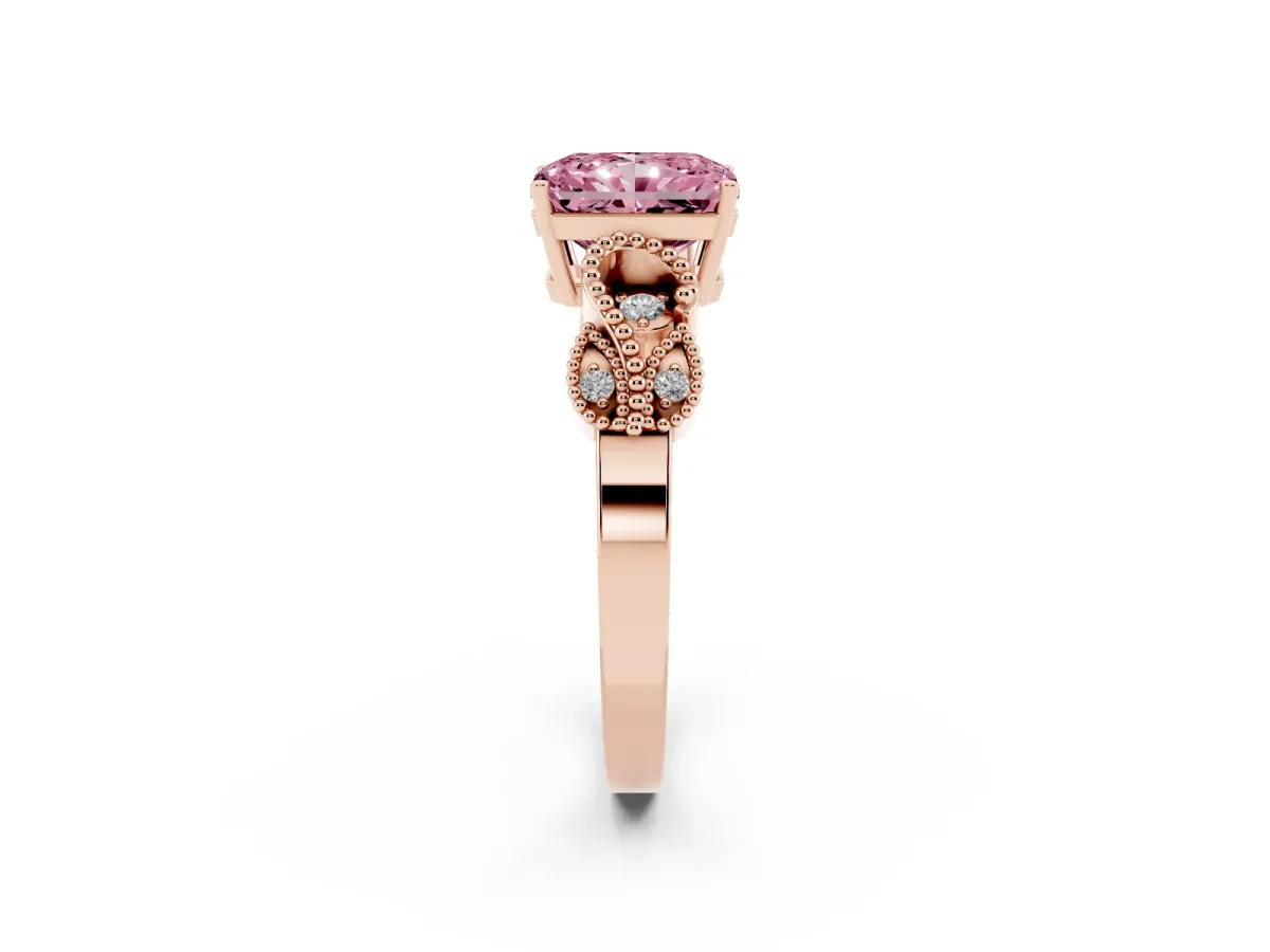Fancy Pink Radiant Cut Solitaire Milgrain Leaf Band with Prong Setting Rose gold
