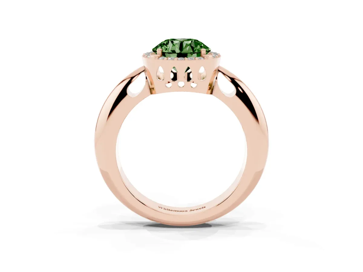 Fancy Green Round Cut Cut Diamond Halo Engagement Ring with Split Shank and Four-Prong Setting Rose gold