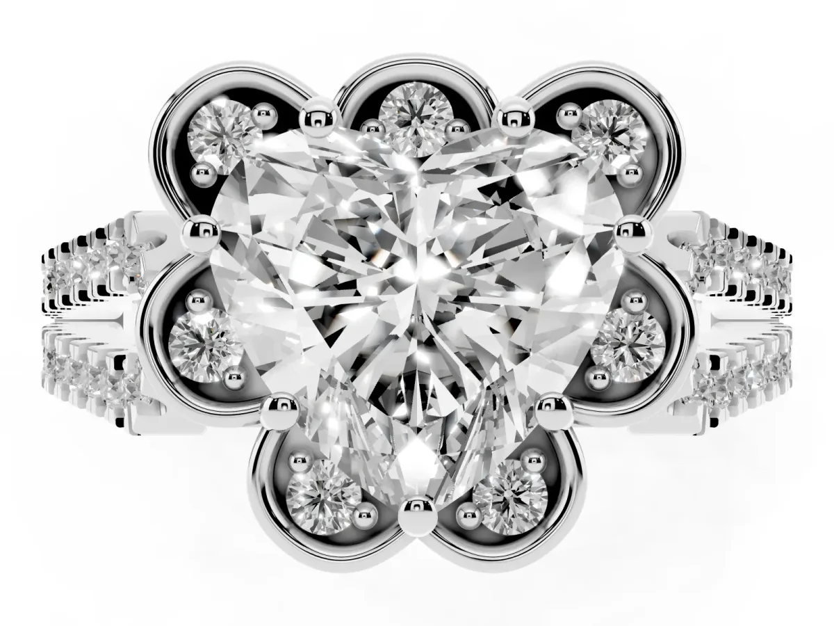 Heart Cut Halo Diamond Floral Split Shank Engagement Ring Silver