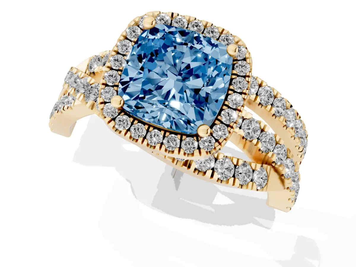 Fancy Blue Cushion Cut Diamond Halo Ring with Round Split Shank and Prong Setting Yellow gold