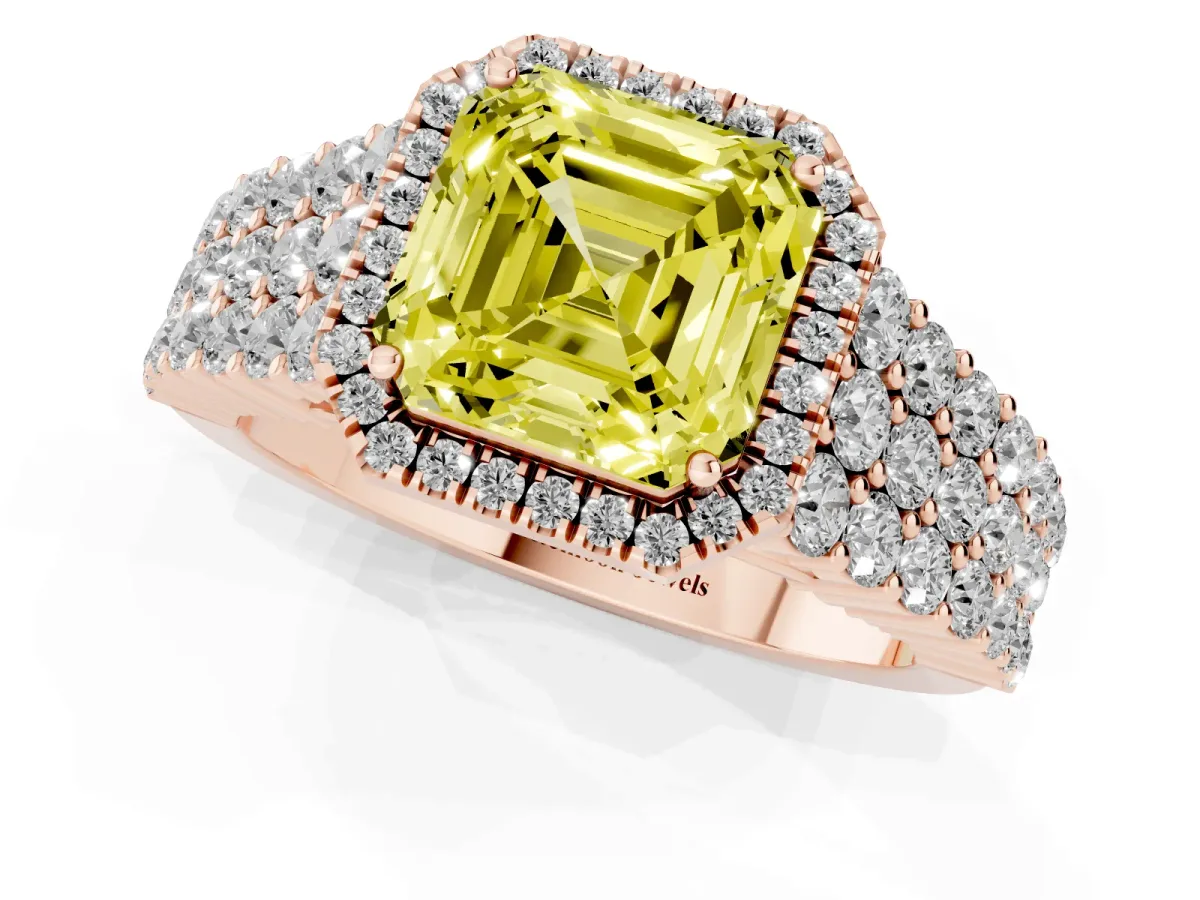 Fancy Yellow Asscher Cut Diamond Halo Engagement Ring with Triple Row Round Pavé Band and Prong Setting Rose gold