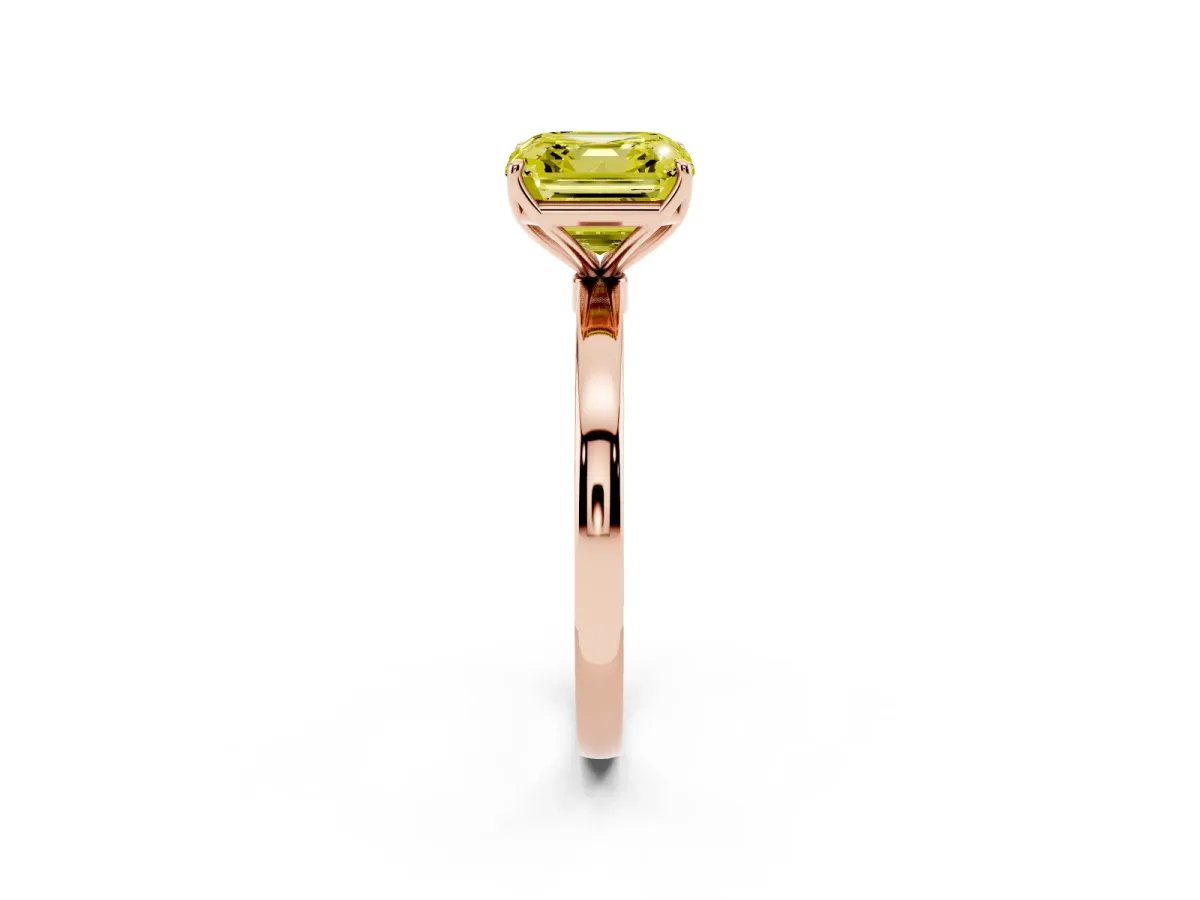 Fancy Yellow Asscher Cut Diamond Solitaire Ring with Thin Band and Prong Setting Rose gold