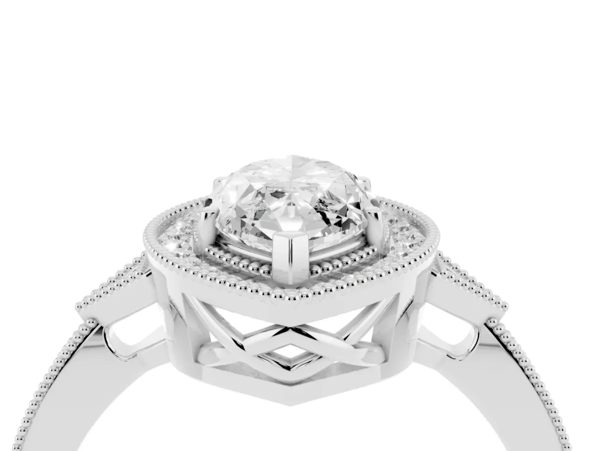 Marquise Cut Halo Round Diamond Milgrain Pave Engagement Ring Silver