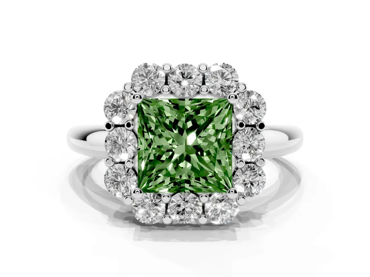 Fancy Green Princess Cut Halo Milgrain Solitaire with Bezel Set Side Stones and Pave Band Silver