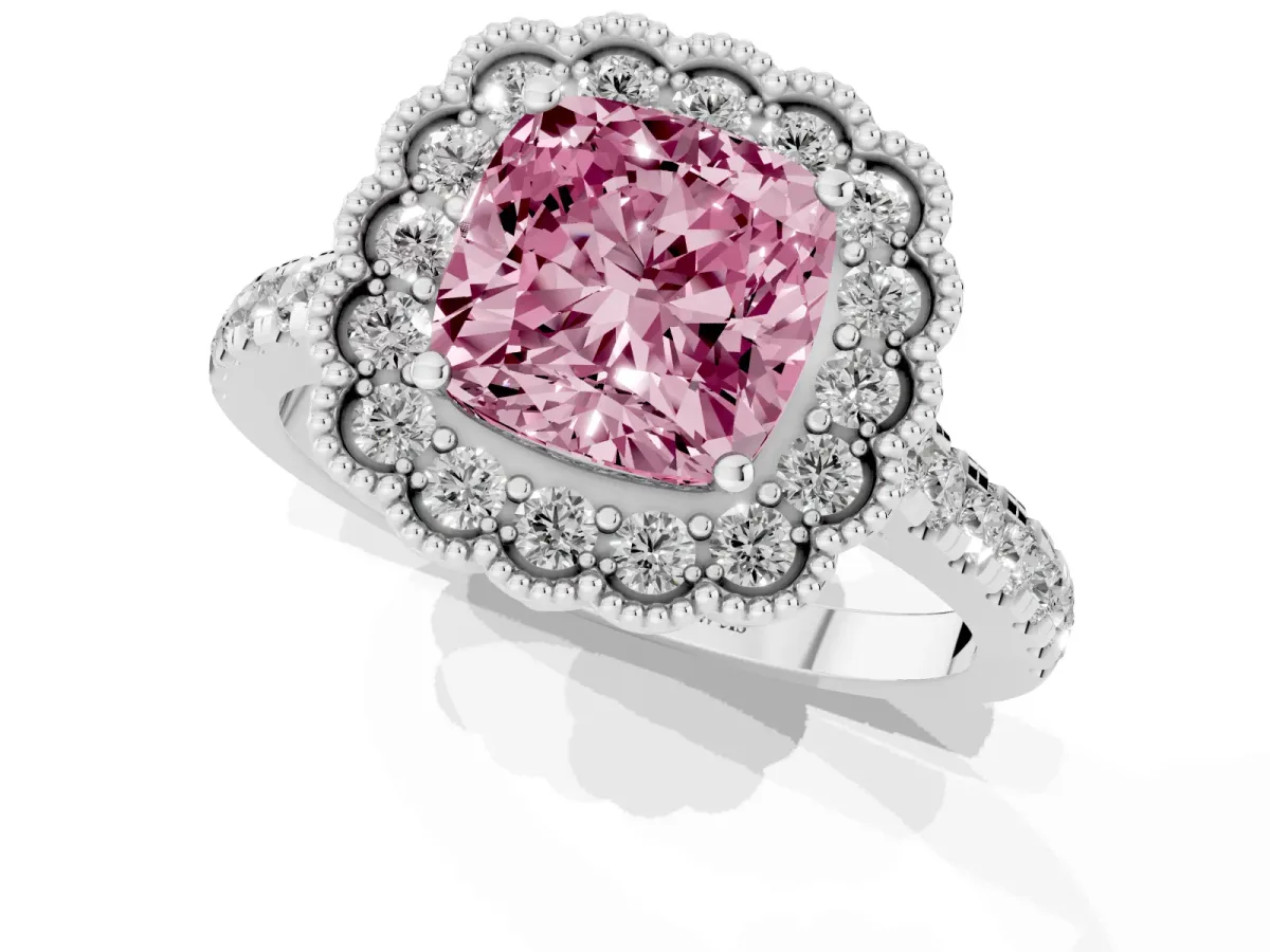 Fancy Pink Cushion Cut Cut Diamond Milgrain Floral Halo Engagement Ring with Pavé Band White gold