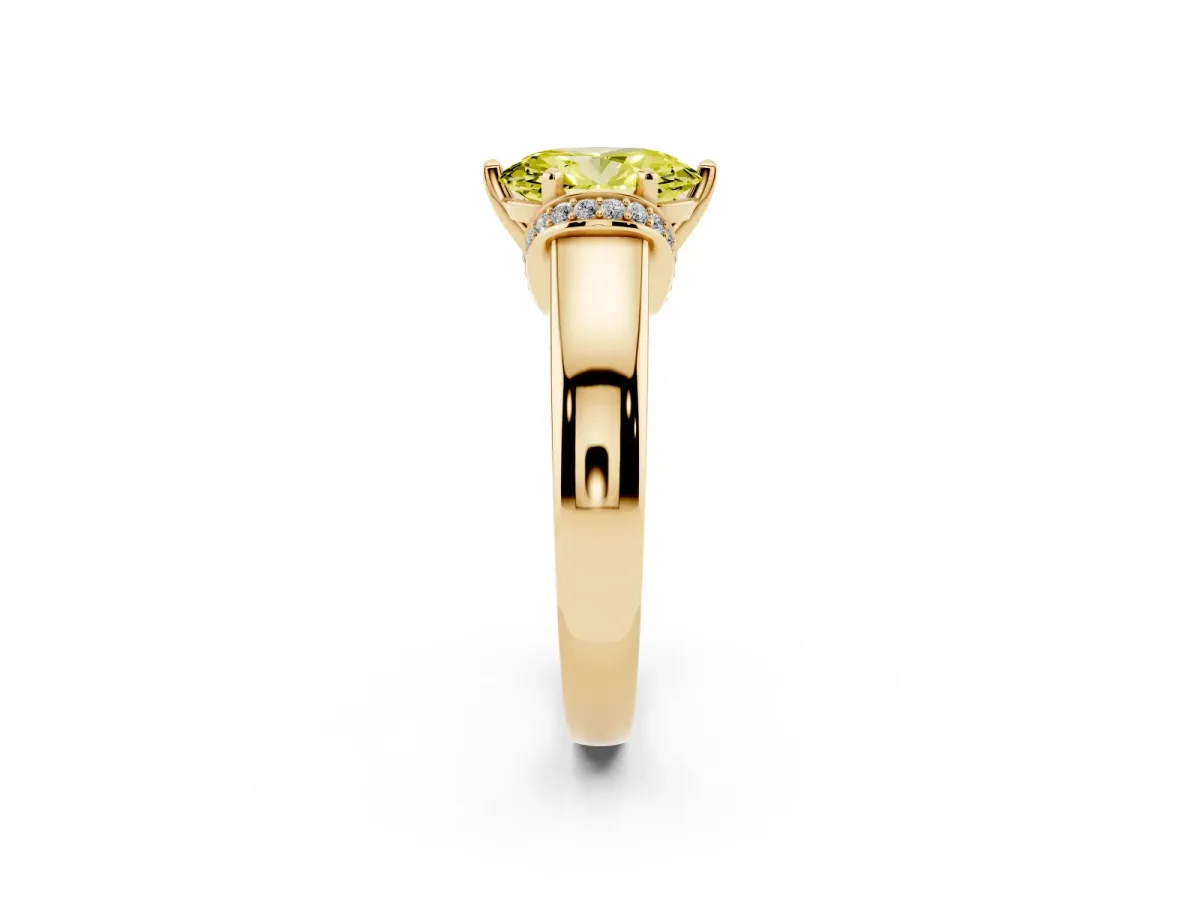 Fancy Yellow Oval Cut Solitaire Diamond Ring with Pave Band and Six-Prong Setting Yellow gold