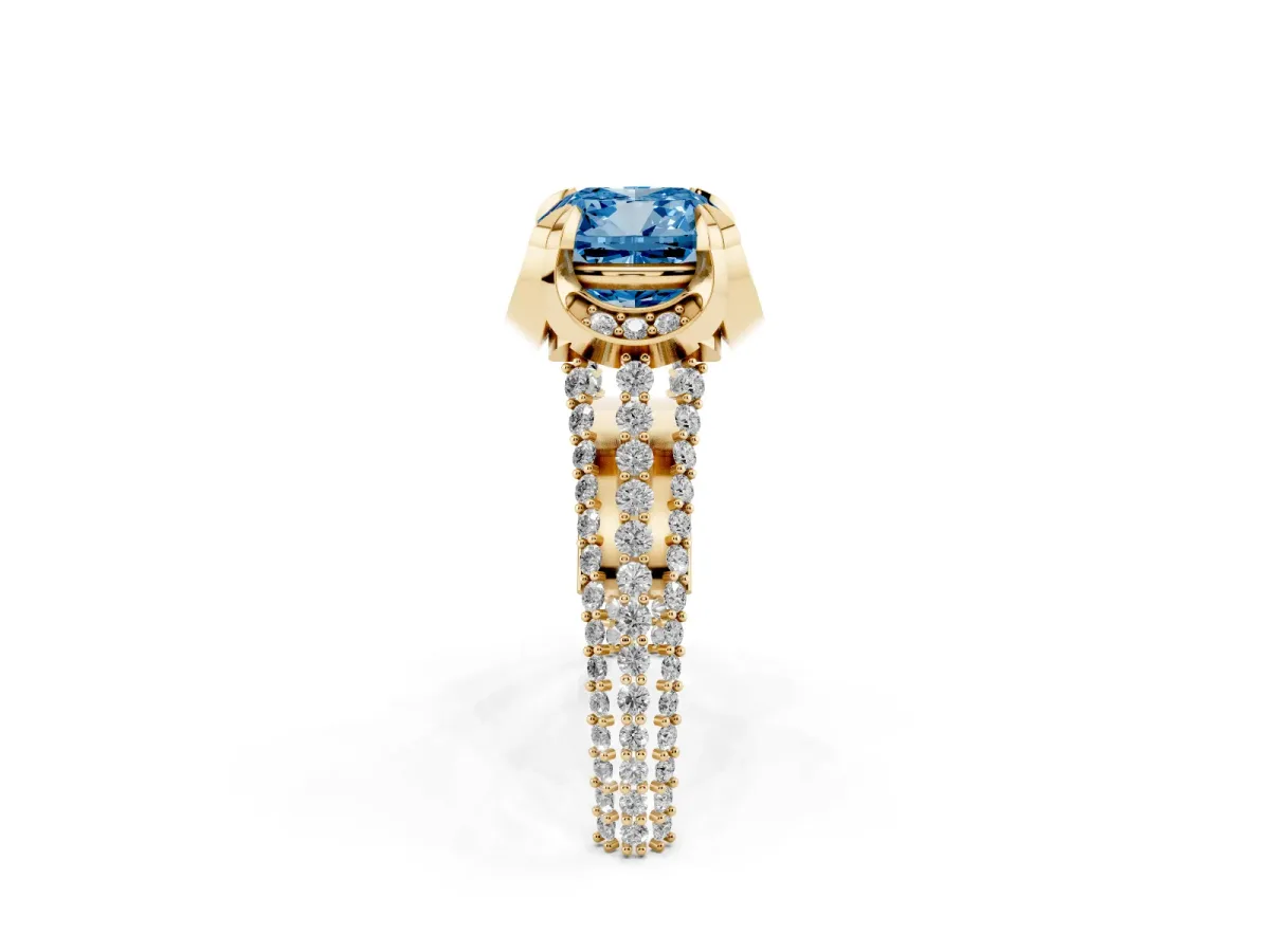 Fancy Blue Cushion Cut Solitaire Pave Split Shank Ring with Four-Prong Setting Yellow gold