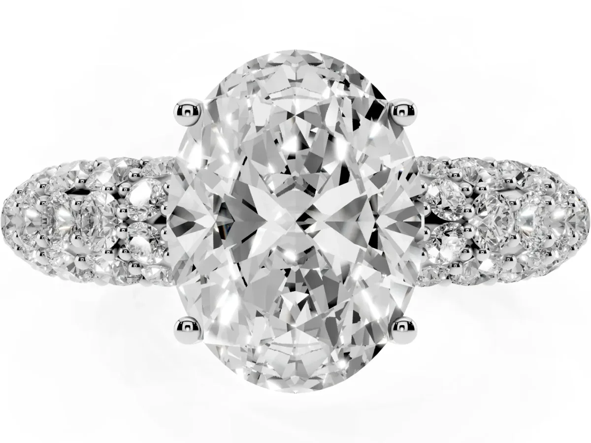 Oval Cut Diamond Pavé Band Solitaire Ring with Four-Prong Setting Silver