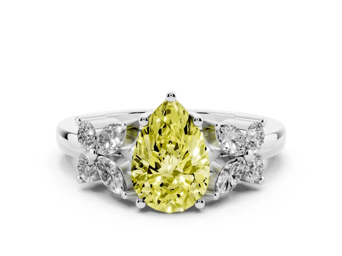 Fancy Yellow Pear Cut Diamond Floral Cluster Ring with Solitaire Band and Prong Setting White gold