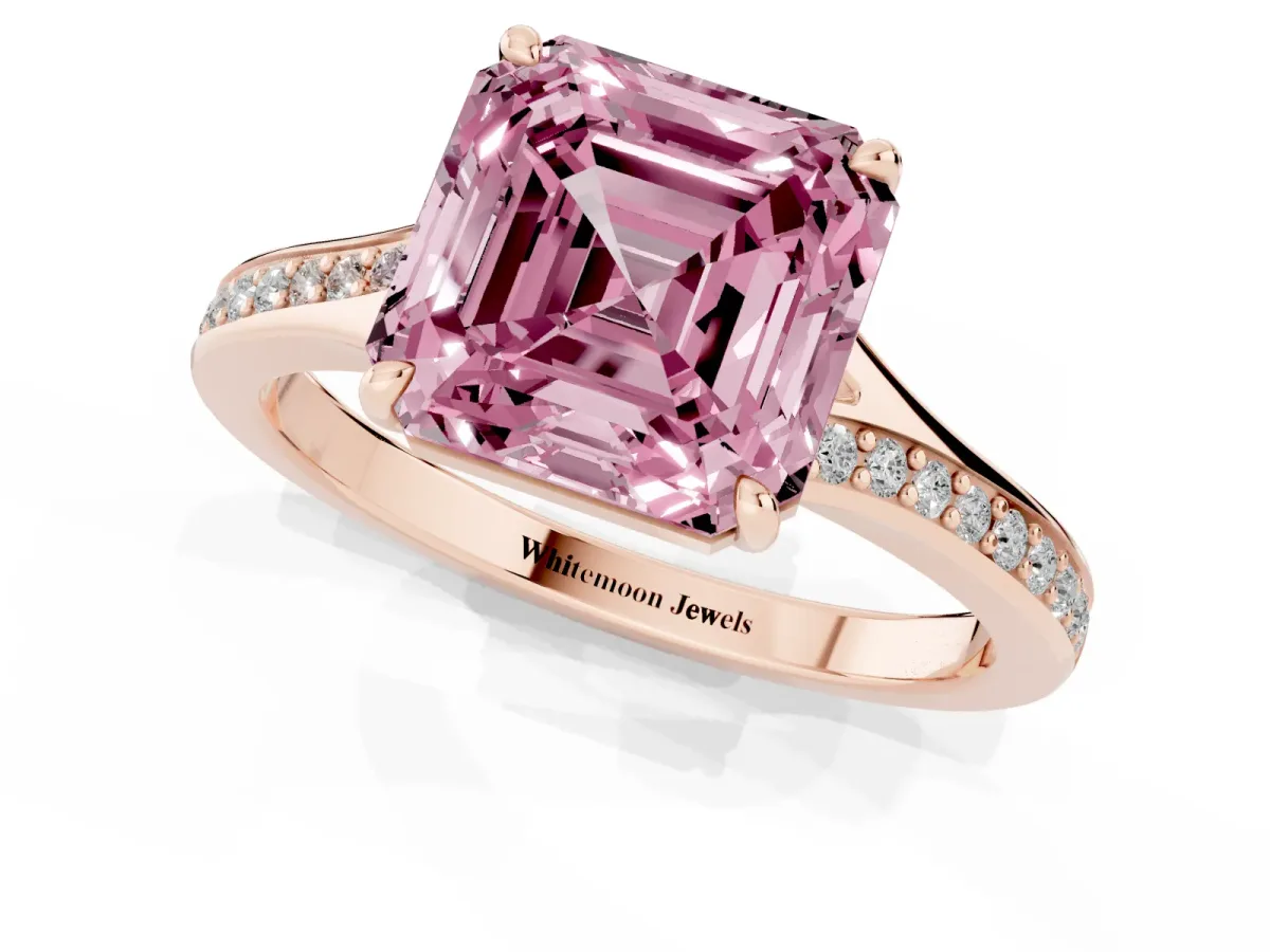 Fancy Pink Asscher Cut Diamond Solitaire Ring with Pavé Band and Prong Setting Rose gold