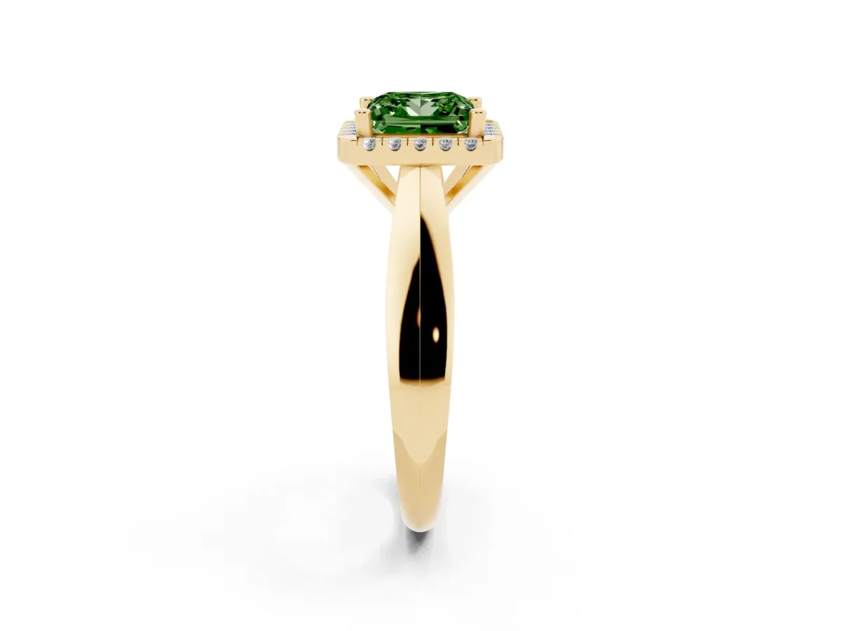 Fancy Green Princess Cut Cut Halo Solitaire Engagement Ring with Square Band and Four-Prong Setting Yellow gold