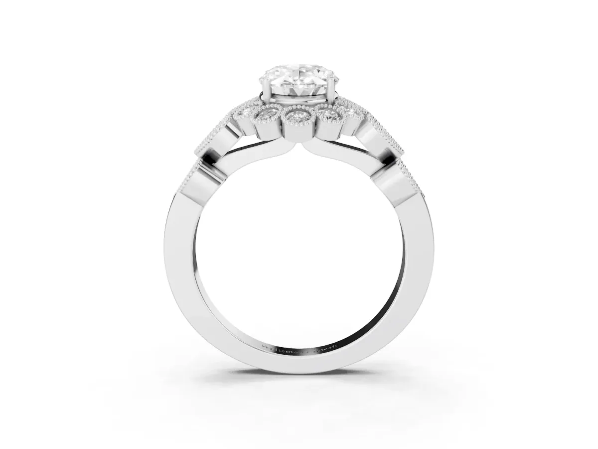Oval Cut Brilliant Milgrain Pave Heart Band Solitaire Ring Silver