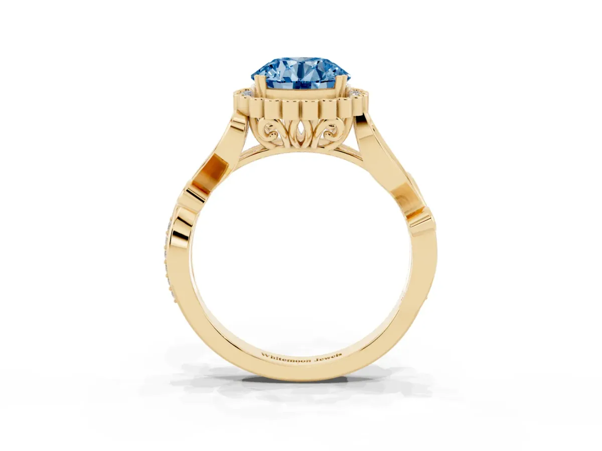 Fancy Blue Round Cut Diamond Halo Ring with Vintage Split Shank and Four-Prong Setting Yellow gold