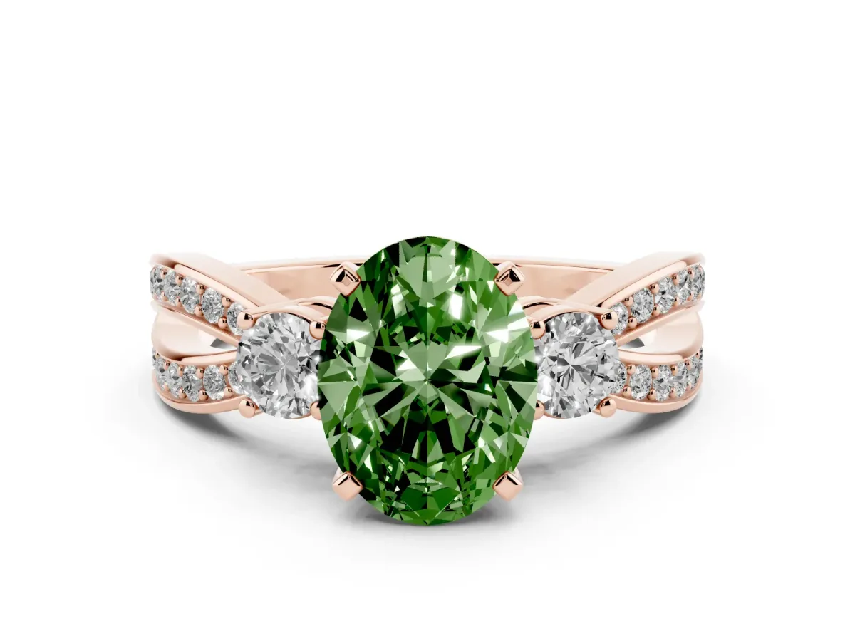 Fancy Green Three-Stone Oval Cut Cut Diamond Twist Band with Prong Setting Rose gold