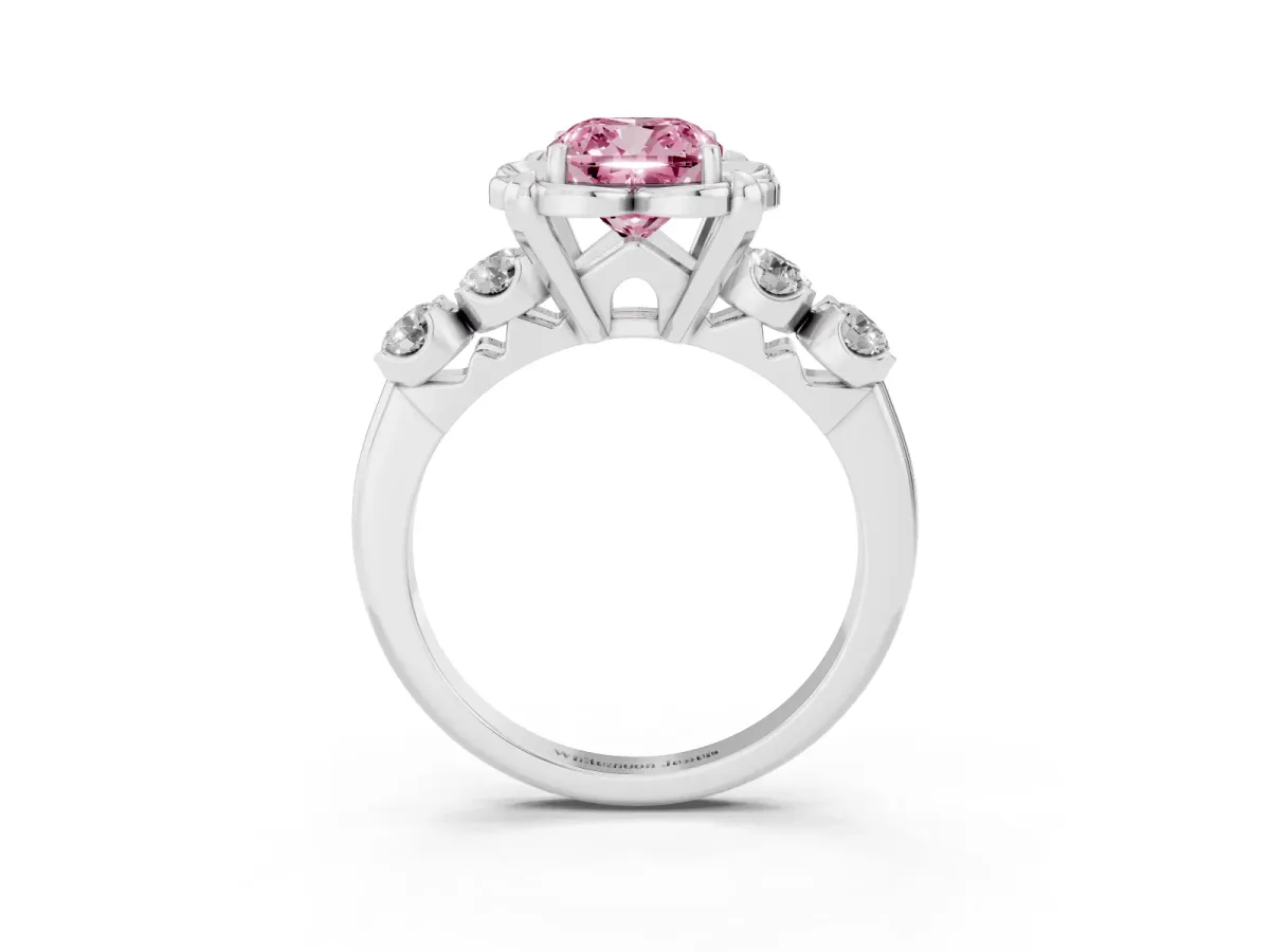 Fancy Pink Cushion Cut Cut Diamond Floral Halo Engagement Ring with Shared Prong Setting Silver