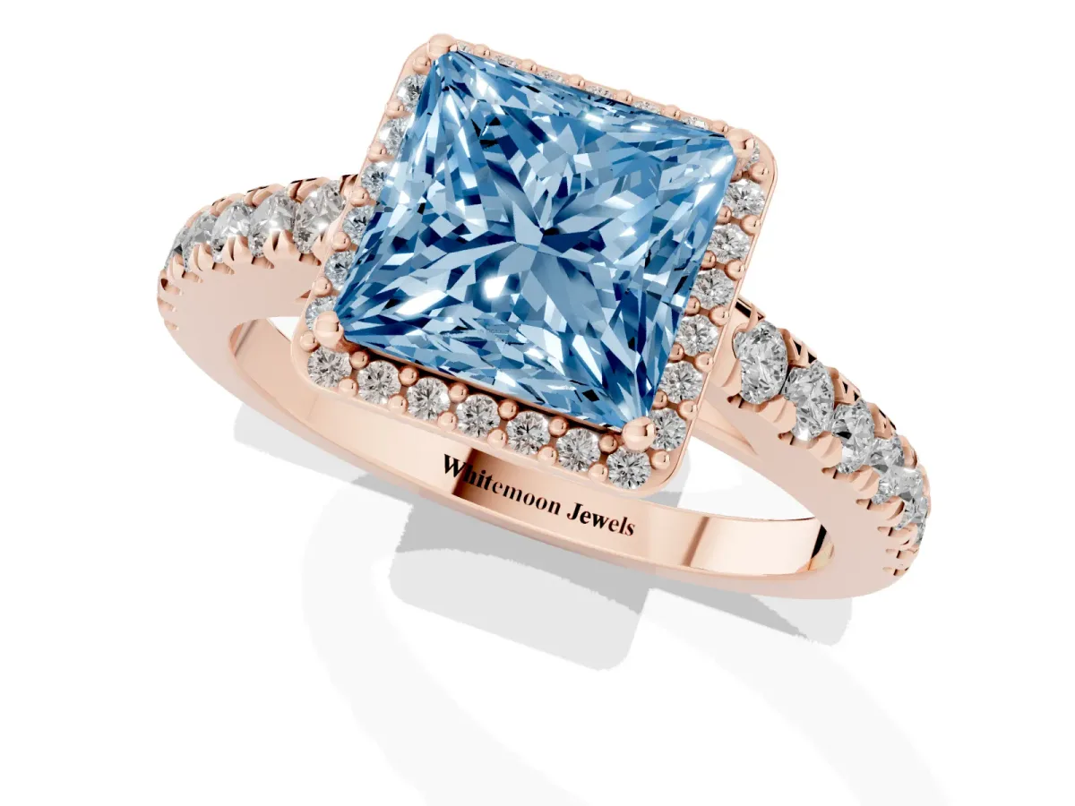Fancy Blue Princess Cut Cut Halo Diamond Engagement Ring with Pave Band and Four-Prong Setting Rose gold