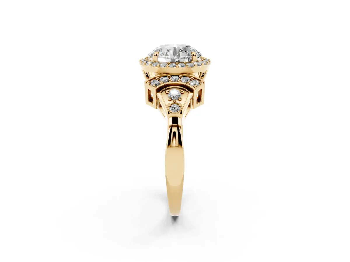 Round Cut Halo Diamond Split Shank Engagement Ring with Four-Prong Setting Yellow gold