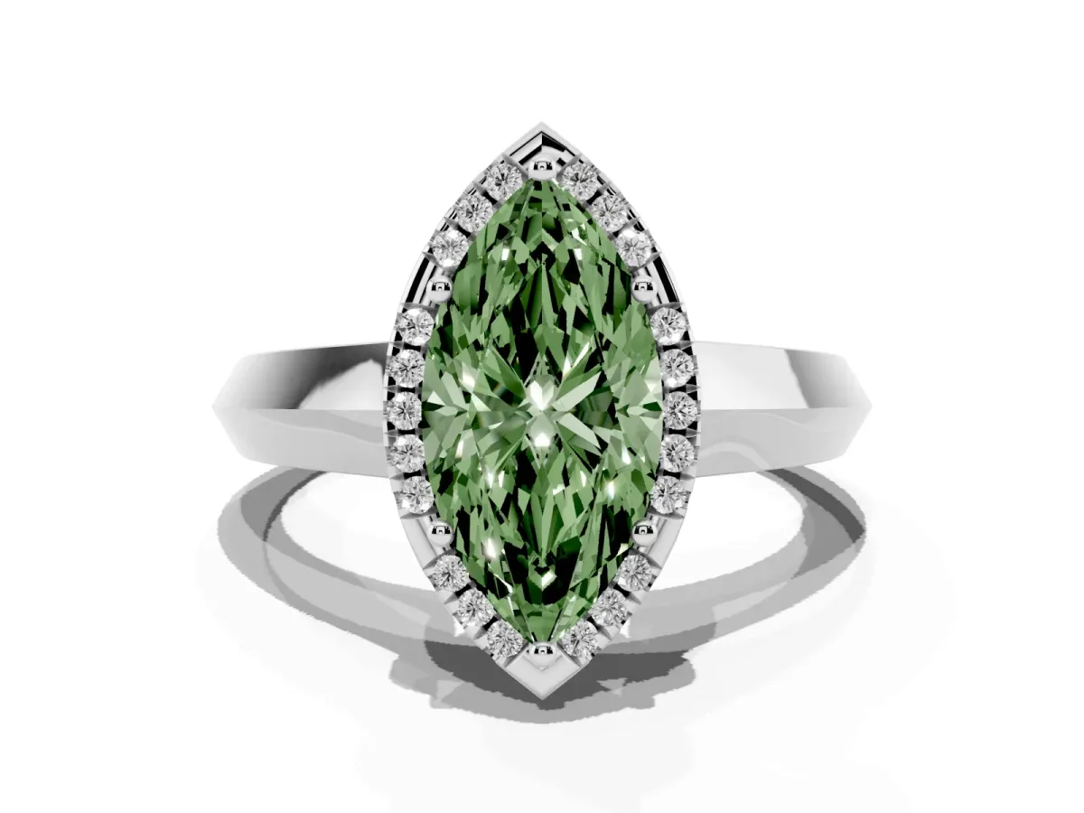 Fancy Green Marquise Cut Halo Diamond Ring with Cathedral Band and Four-Prong Setting Platinum