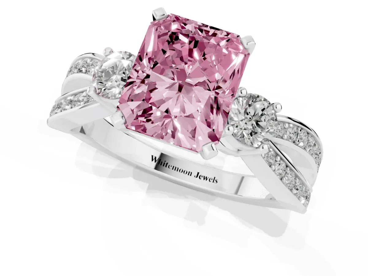 Fancy Pink Three-Stone Radiant Cut Cut Diamond Twist Band with Prong Setting Silver