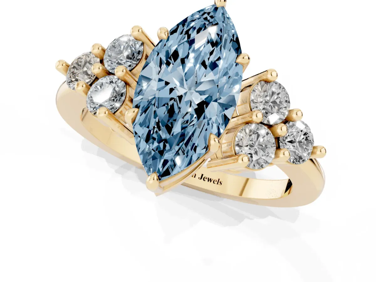 Fancy Blue Marquise Cut Brilliant Diamond Cluster Accent Solitaire Ring with Prong Setting Yellow gold