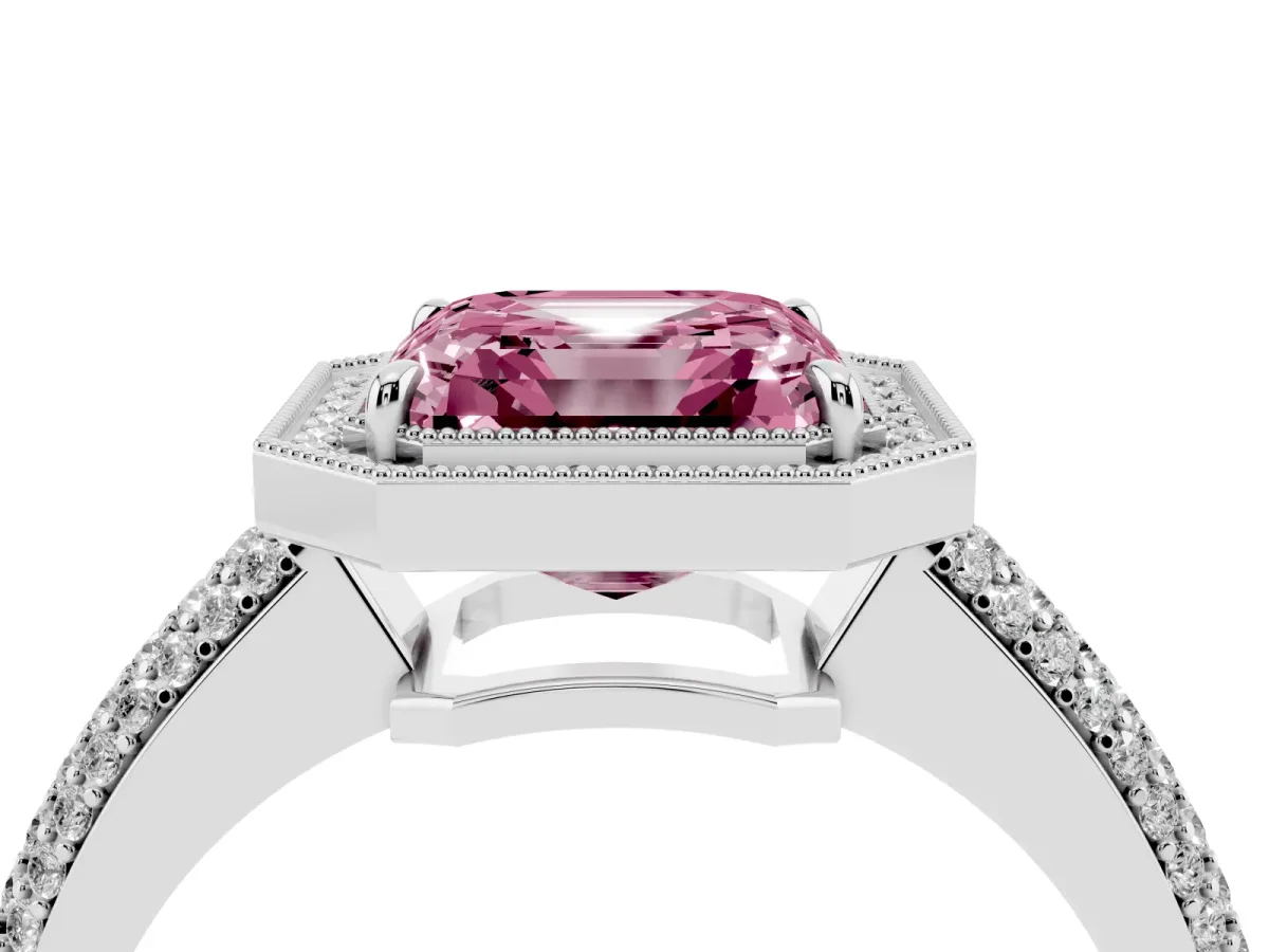 Fancy Pink Asscher Cut Cut Halo Diamond Pave Band with Four-Prong Setting Silver