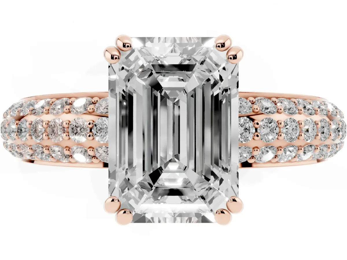 Emerald Cut Diamond Solitaire Ring with Multi-Row Round Pavé Band and Prong Setting Rose gold