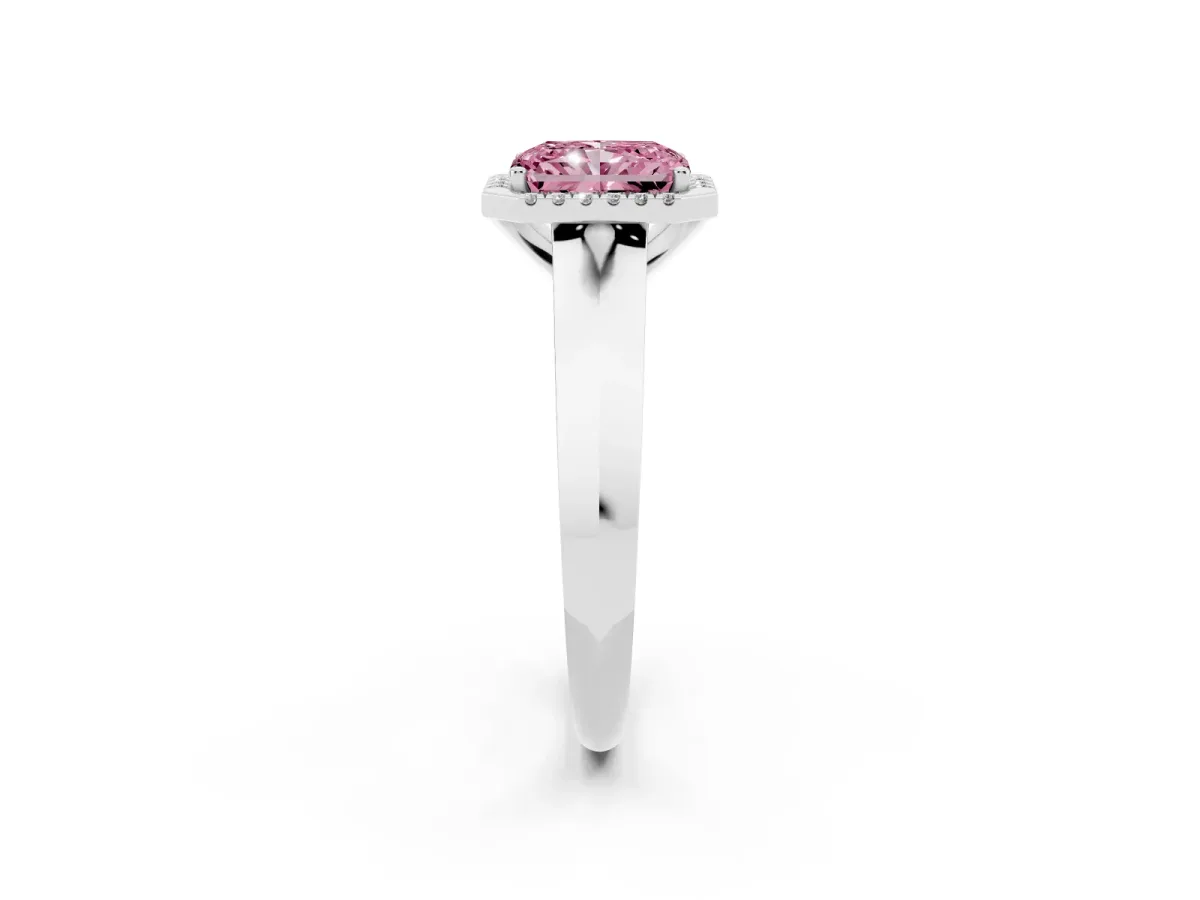 Fancy Pink Radiant Cut Halo Diamond Ring with Cathedral Band and Four-Prong Setting White gold