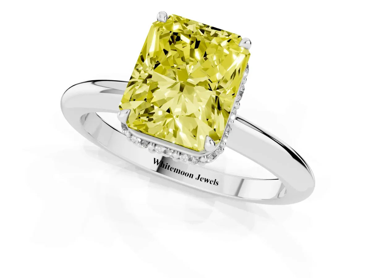 Fancy Yellow Radiant Cut Brilliant Solitaire Engagement Ring with Six-Prong Setting and Classic Band Silver