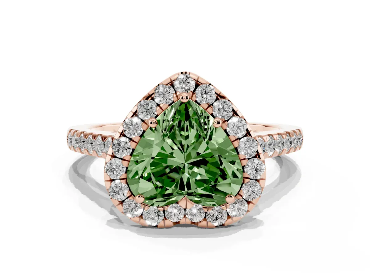Fancy Green Heart Cut Halo Pave Diamond Engagement Ring with Four-Prong Setting Rose gold