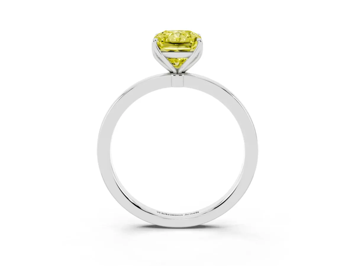 Fancy Yellow Radiant Cut Diamond Solitaire Ring with Thin Band and Prong Setting White gold