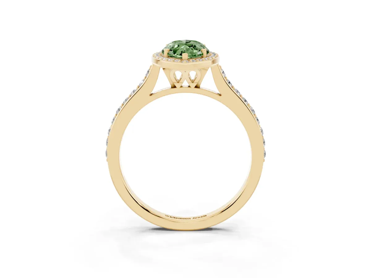 Fancy Green Marquise Cut Diamond Halo Engagement Ring with Round Pavé Shoulders and Prong Setting Yellow gold