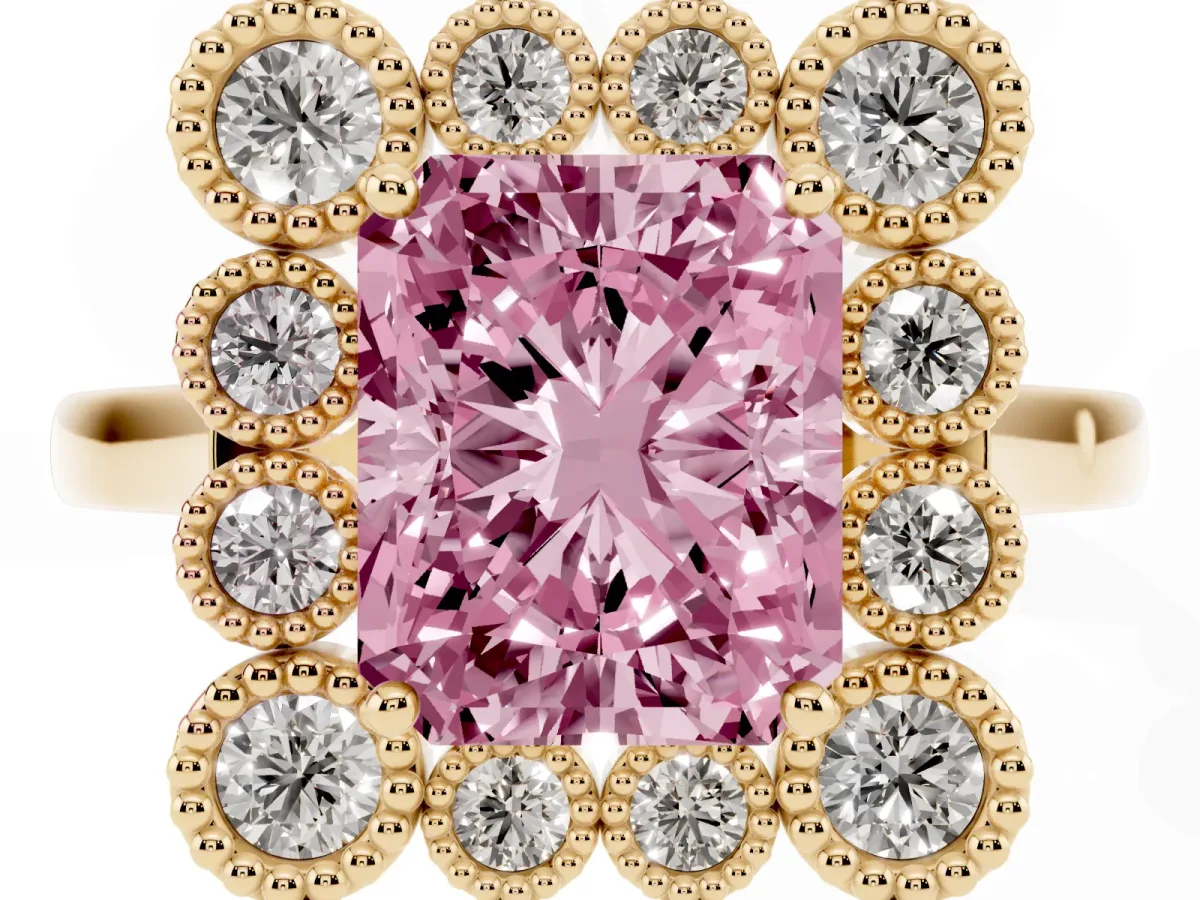 Fancy Pink Radiant Cut Halo Diamond Cluster Engagement Ring with Milgrain Bezel Setting and Solitaire Band Yellow gold