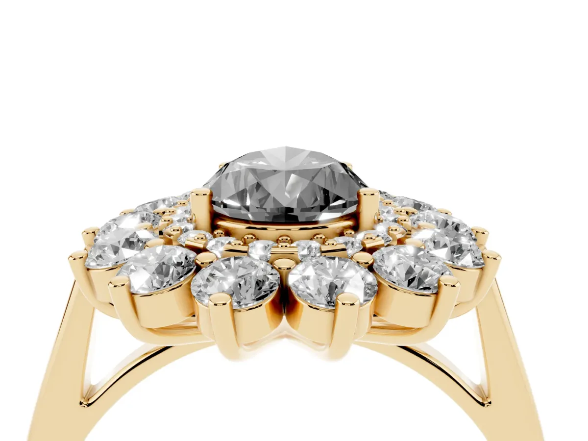 Fancy Black Pear Cut Diamond Floral Double Halo Engagement Ring with Prong Setting Yellow gold
