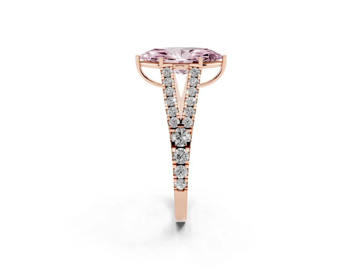 Fancy Pink Marquise Cut Diamond Split Shank Pavé Engagement Ring with Four-Prong Setting Rose gold