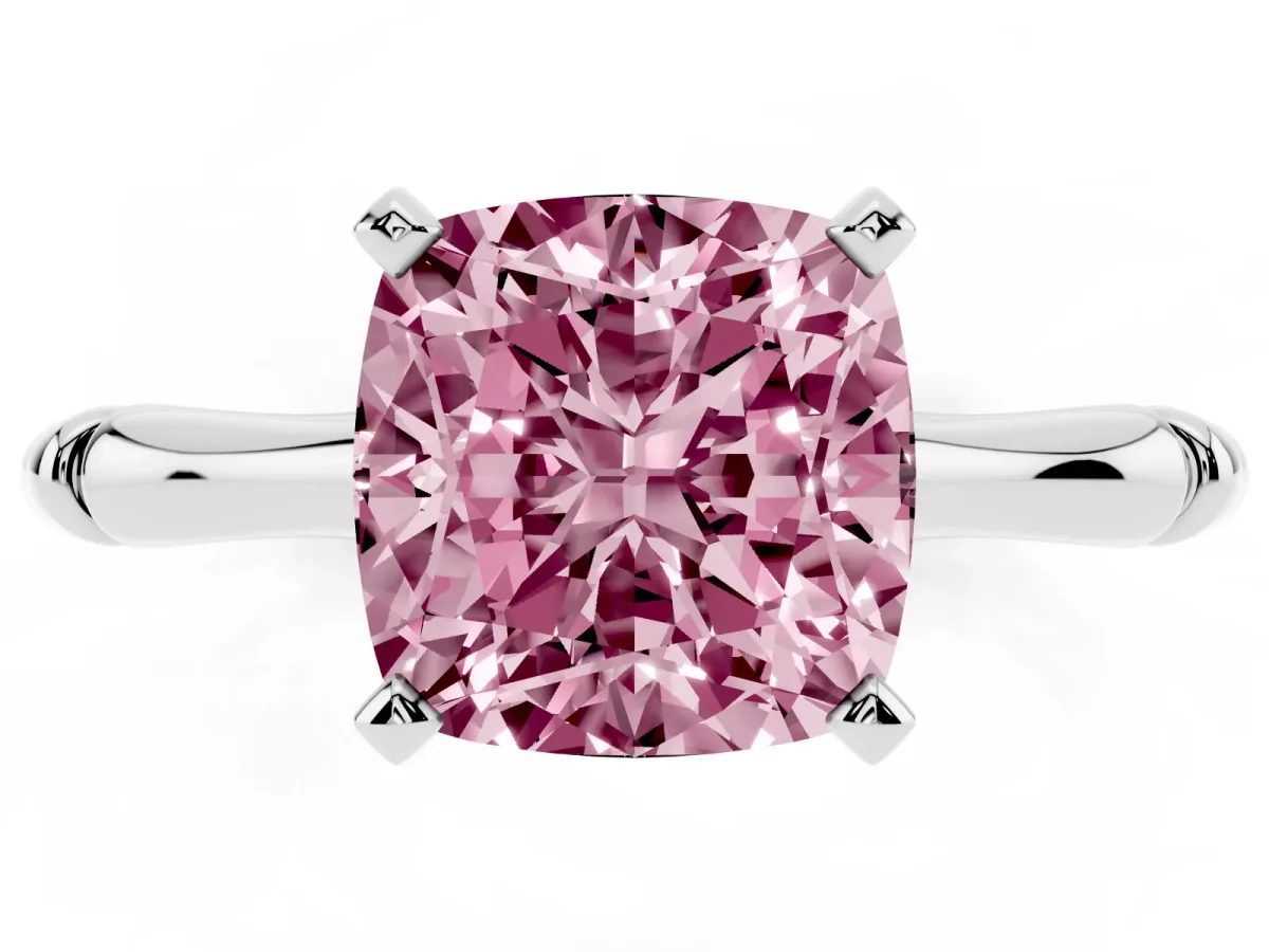 Fancy Pink Cushion Cut Solitaire Diamond Ring with Bamboo Band and Four-Prong Setting Silver