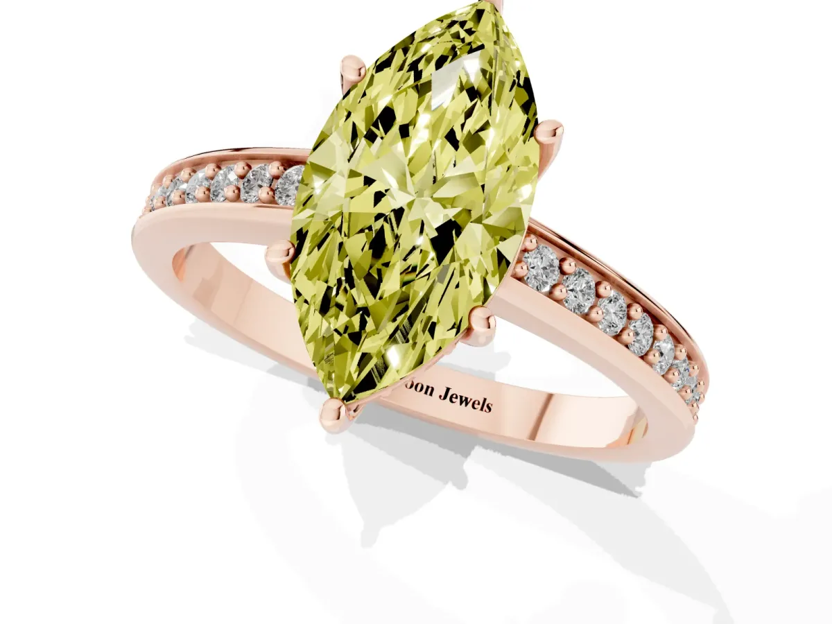 Fancy Yellow Marquise Cut Solitaire Pavé Band Prong Setting Ring Rose gold