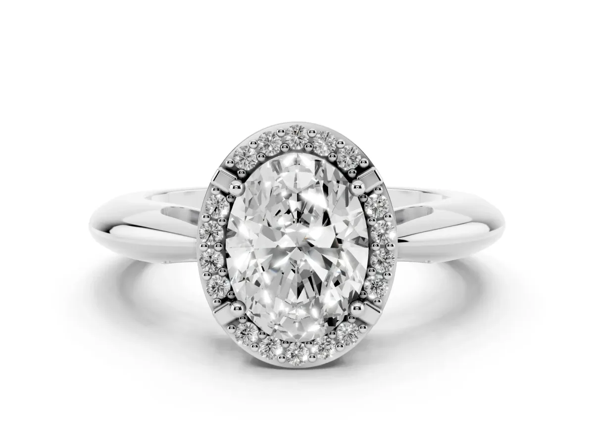 Oval Cut Cut Diamond Halo Engagement Ring with Split Shank and Four-Prong Setting Silver