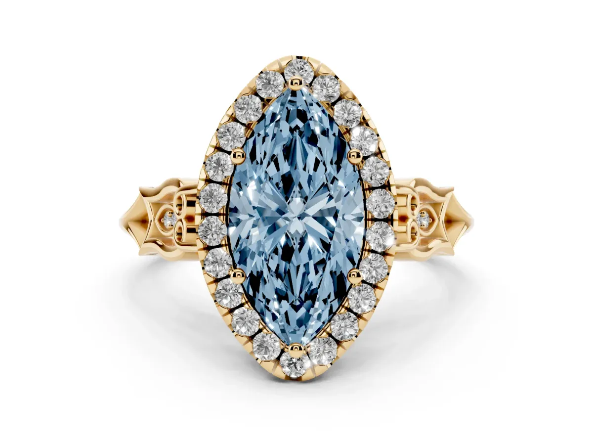 Fancy Blue Marquise Cut Halo Diamond Engagement Ring with Filigree Band and Four-Prong Setting Yellow gold