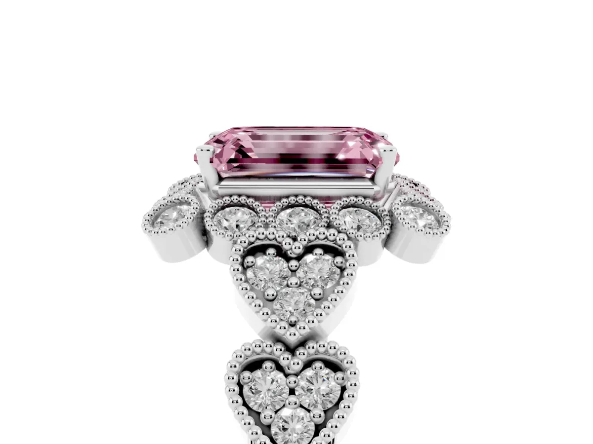 Fancy Pink Emerald Cut Brilliant Milgrain Pave Heart Band Solitaire Ring Silver