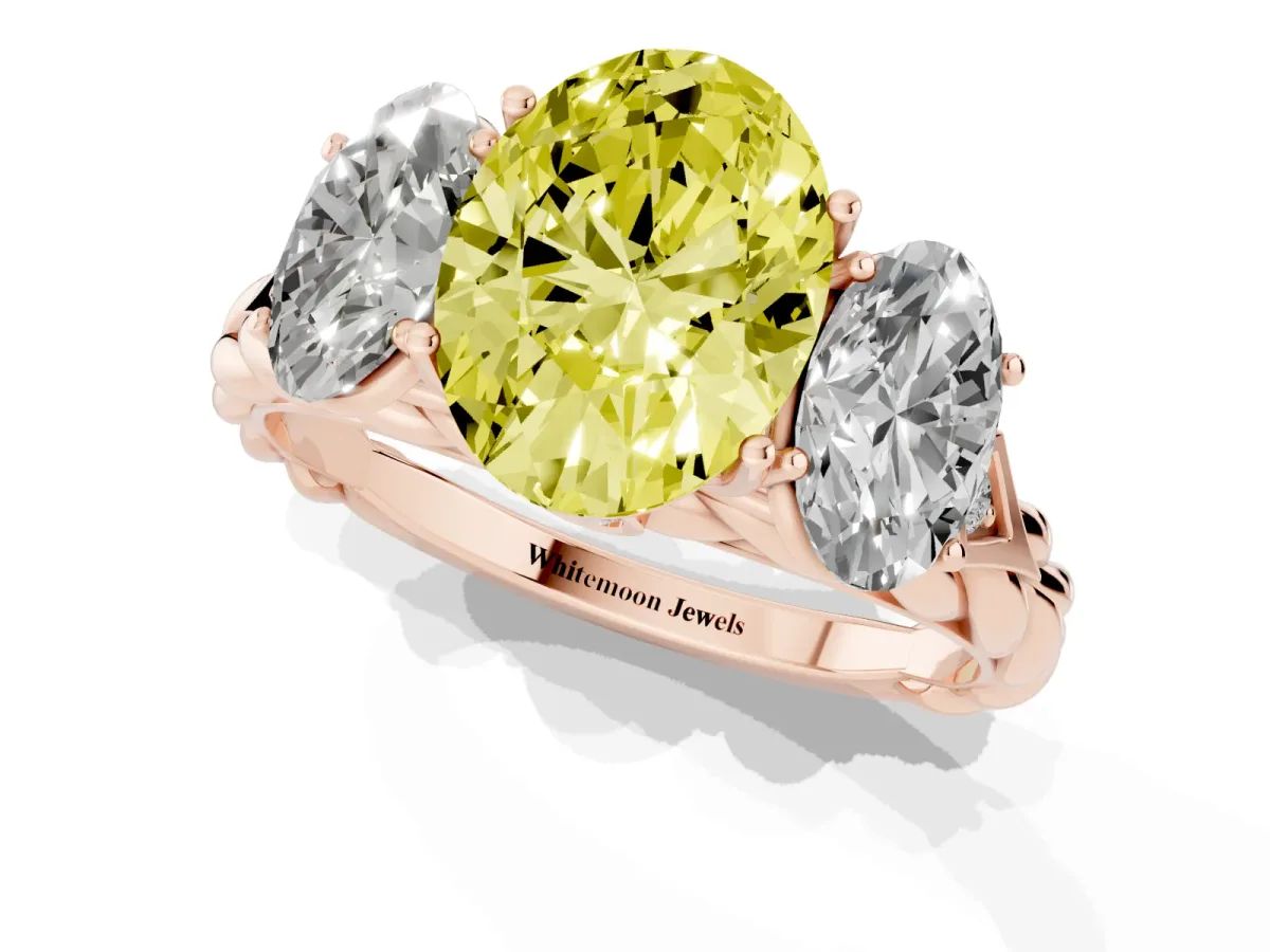 Fancy Yellow Three-Stone Oval Cut Diamond Braided Band Ring with Four-Prong Setting Rose gold