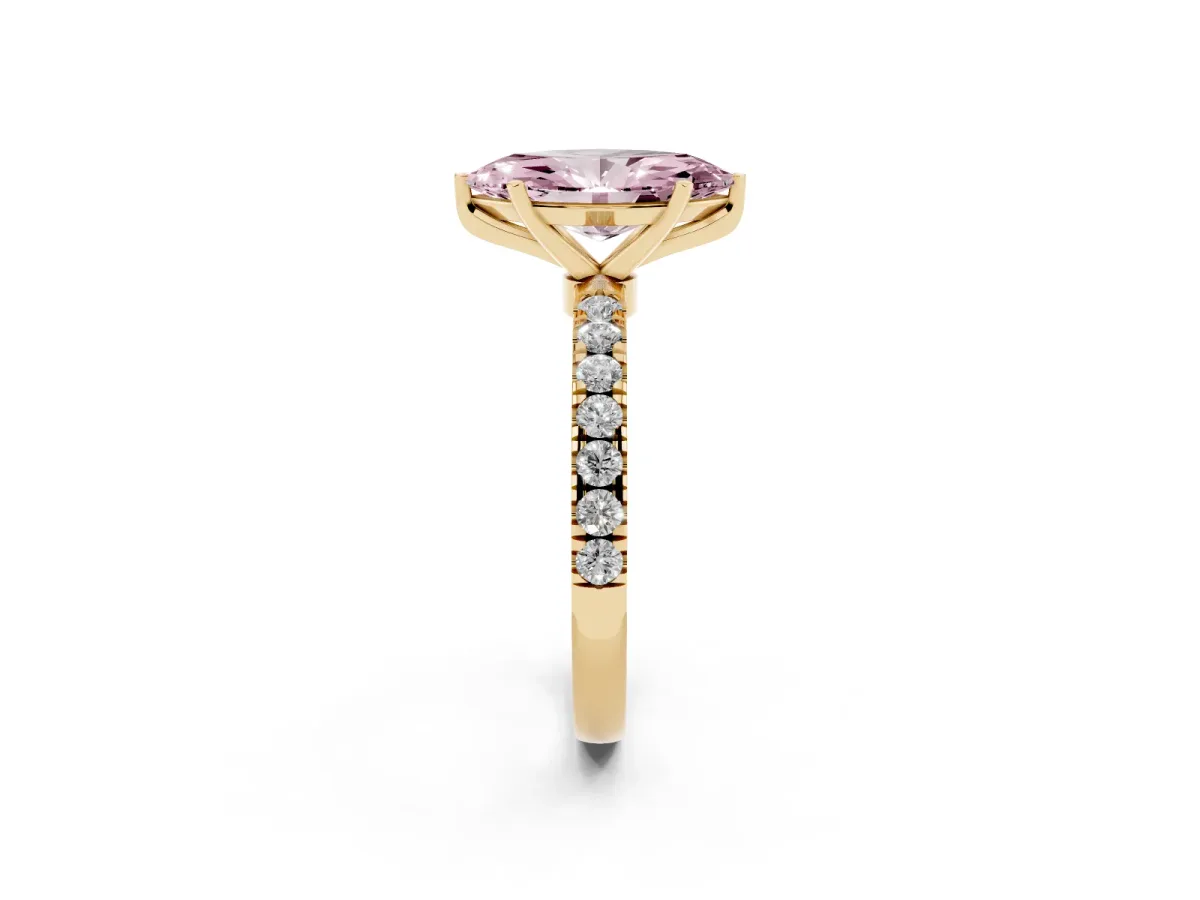 Fancy Pink Marquise Cut Diamond Solitaire Ring with Pavé Accents and Four-Prong Setting Yellow gold