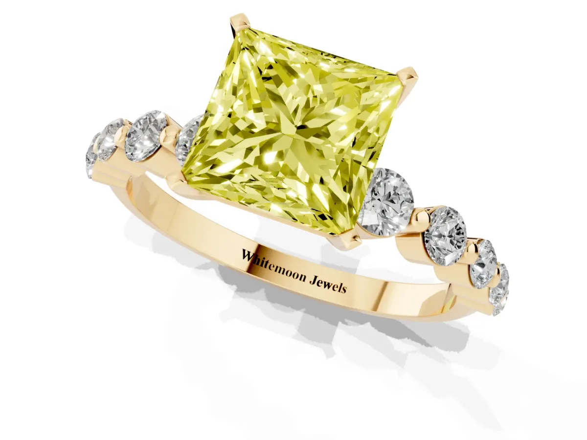 Fancy Yellow Princess Cut Solitaire Diamond Ring with Pave Band and Four-Prong Setting Yellow gold