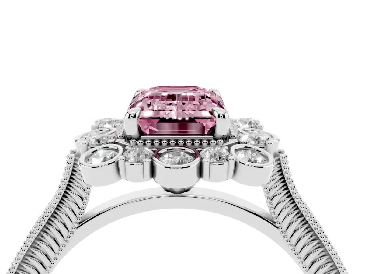 Fancy Pink Emerald Cut Halo Milgrain Pave Diamond Ring with Four-Prong Setting Platinum
